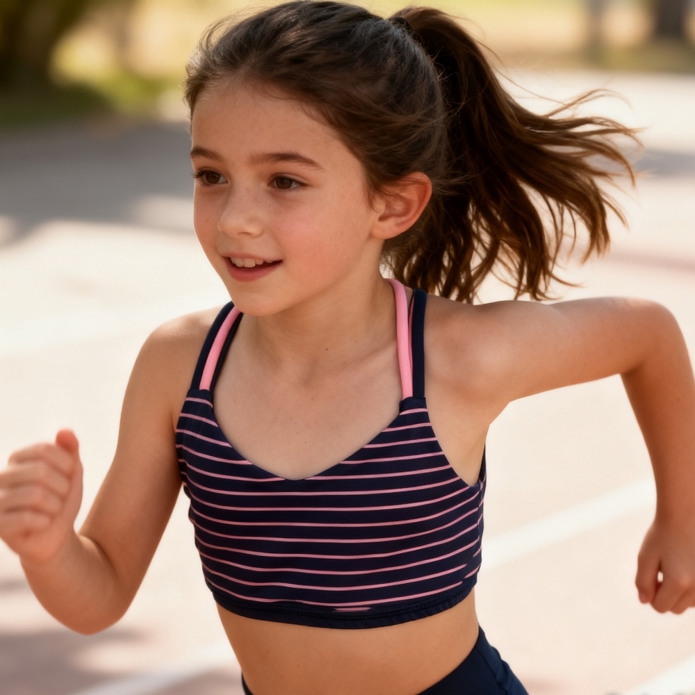 Ivivva Girls Striped Sports Bra Top Size 4/6 Navy Blue Pink Strappy Athletic Top